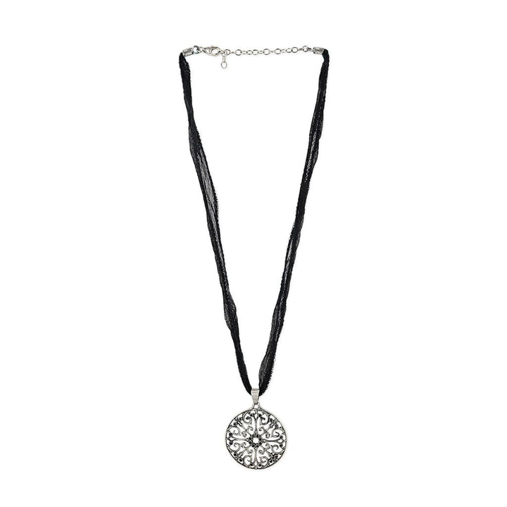 Mandela pendant of vines and floral motif design in silver with oxidized textured finish and black diamonds