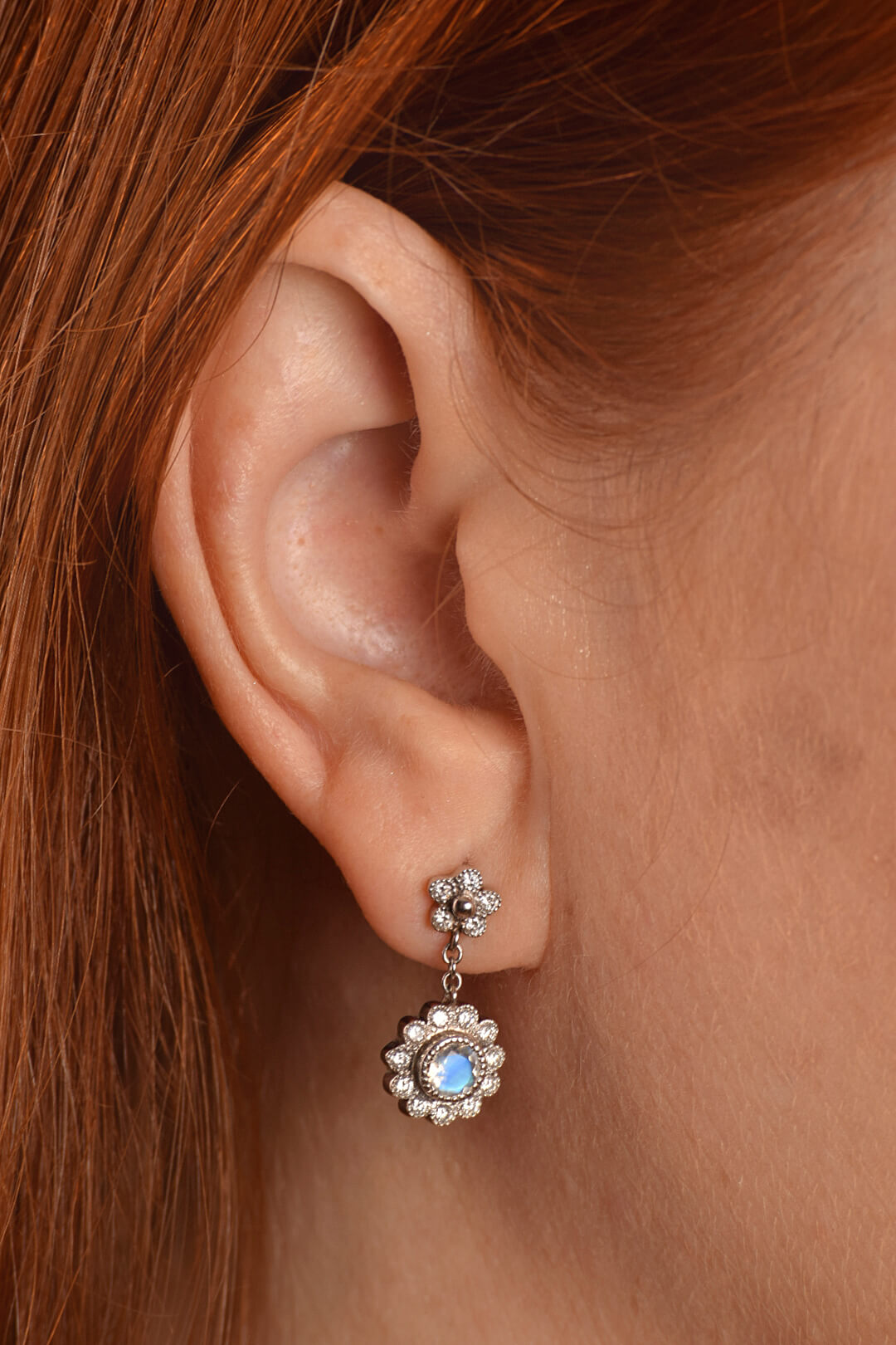 “Daisy Drop” faceted moonstone earrings