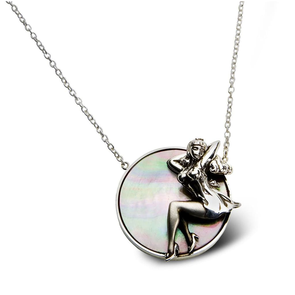silver pendant necklace: A novelty theme of a vintage pinup girl pendant in fine silver craftsmanship