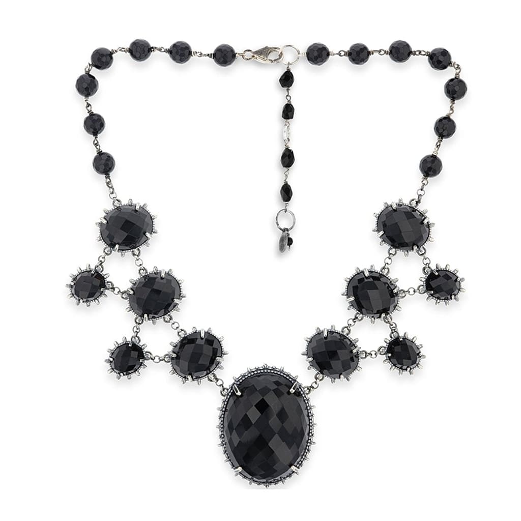 WMNS Large Cut Black Onyx Stone Pendant on Black Rope Necklace / Black