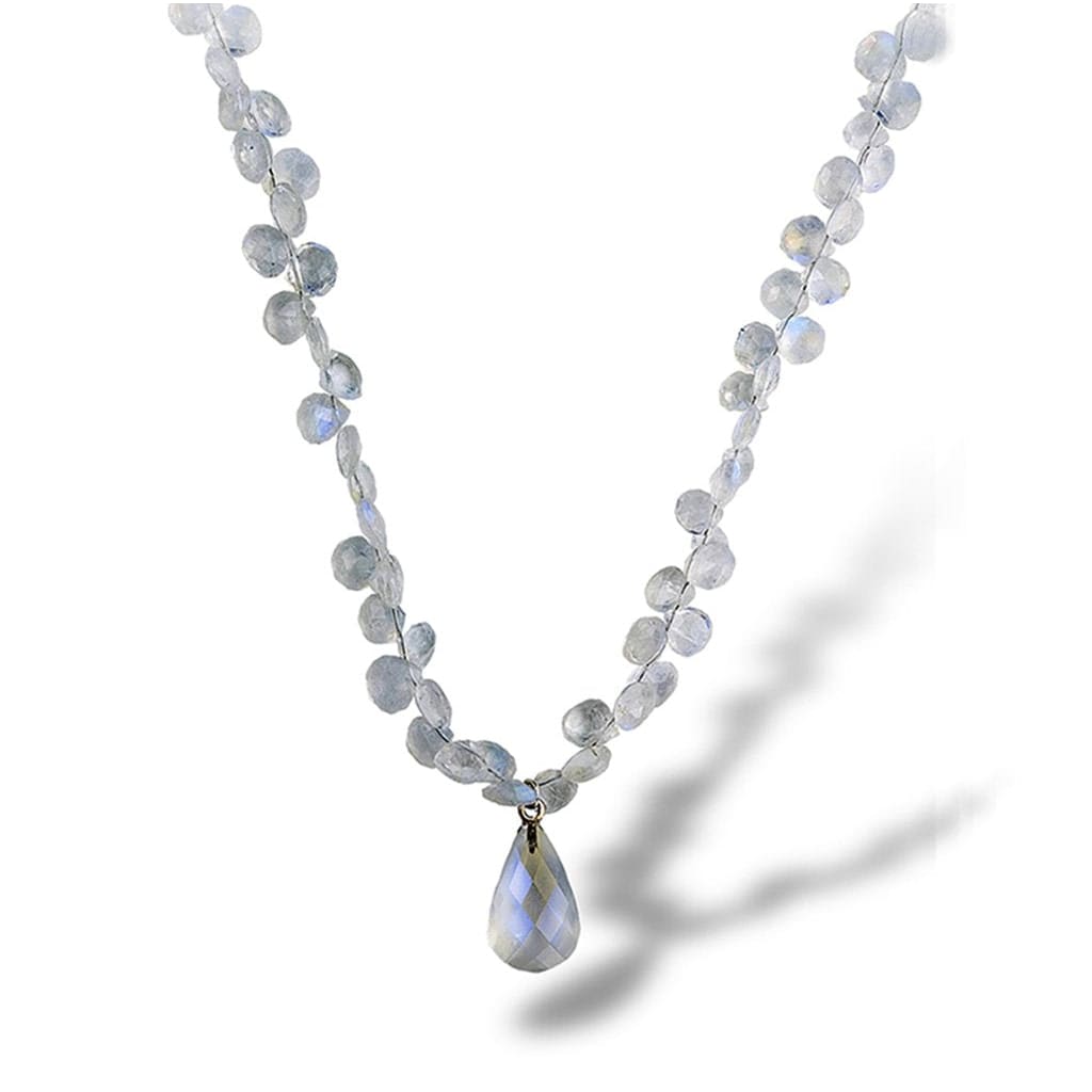 A cascading necklace of tear drop stones of moonstone with a finishing touch of a moonstone tear drop dangle pendant