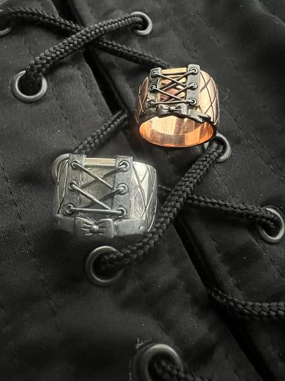 “Corset Ring” 14K rose gold with blackened oxidation