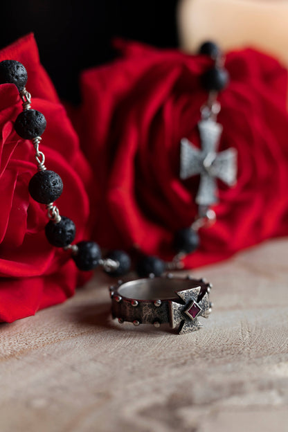 "Strength In Virtue" Ruby Maltese Cross Ring