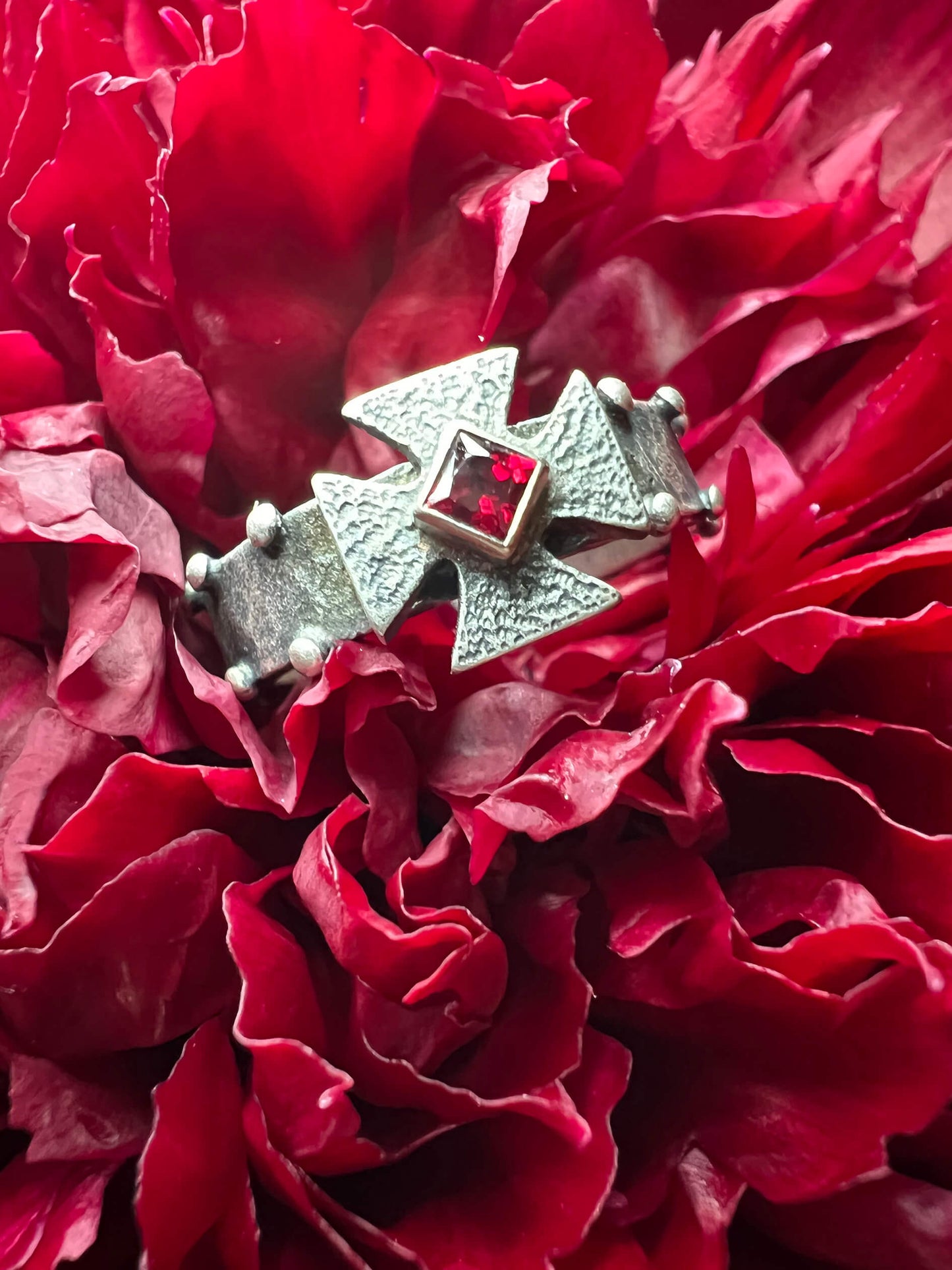 "Strength In Virtue" Ruby Maltese Cross Ring