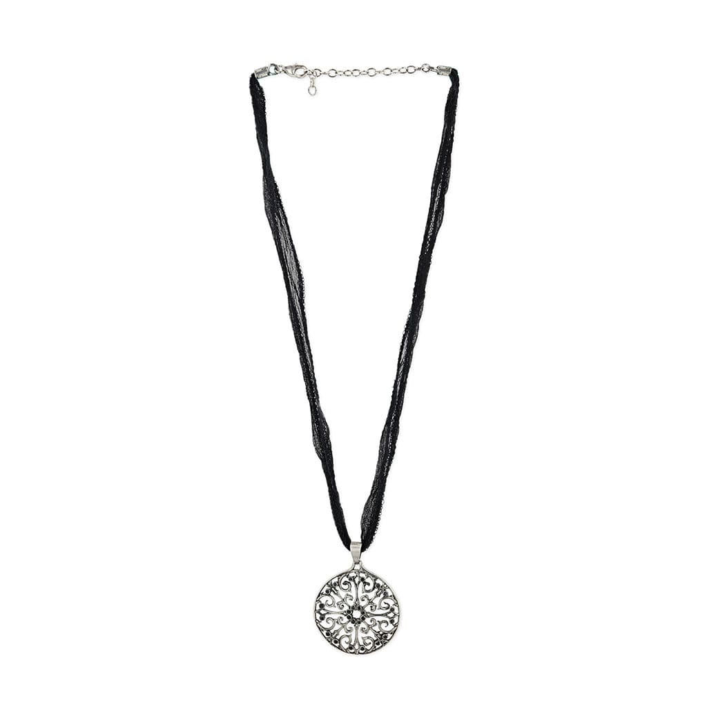 Mandela pendant of vines and floral motif design in silver with oxidized textured finish and black diamonds 