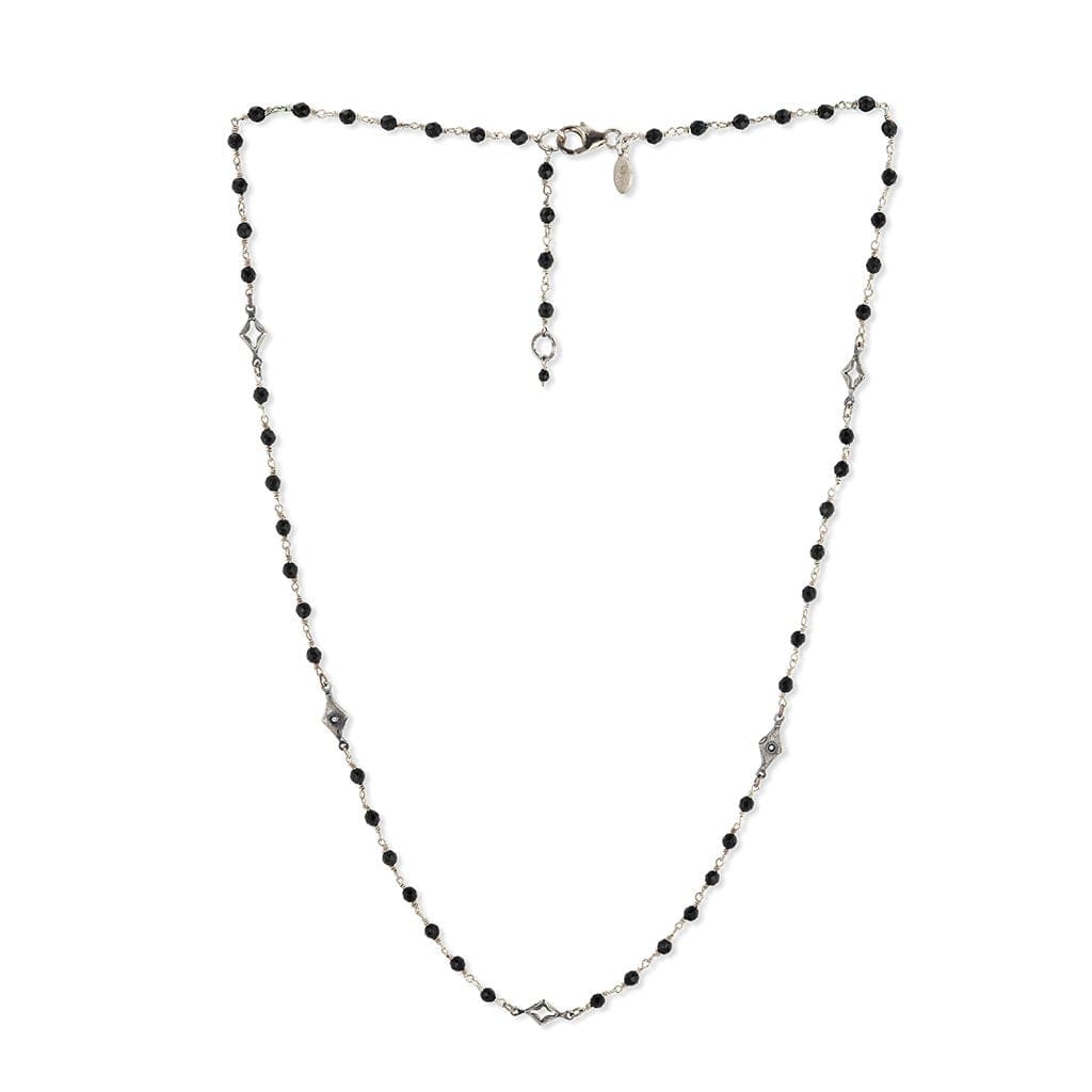 Black onyx and diamond necklace, dual harmony Necklace,  A fashionable necklace that graces a stationed of micro onyx beads and alternates with an open and closed diamond shape motifs