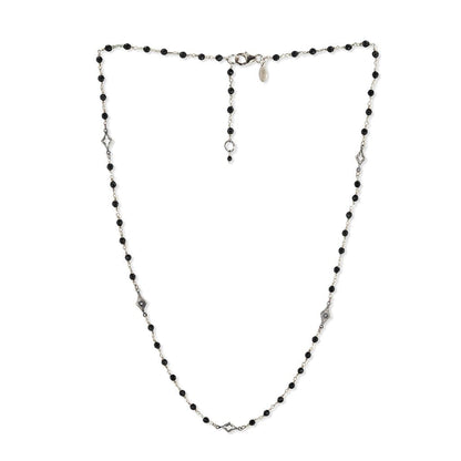 Black onyx and diamond necklace, dual harmony Necklace,  A fashionable necklace that graces a stationed of micro onyx beads and alternates with an open and closed diamond shape motifs