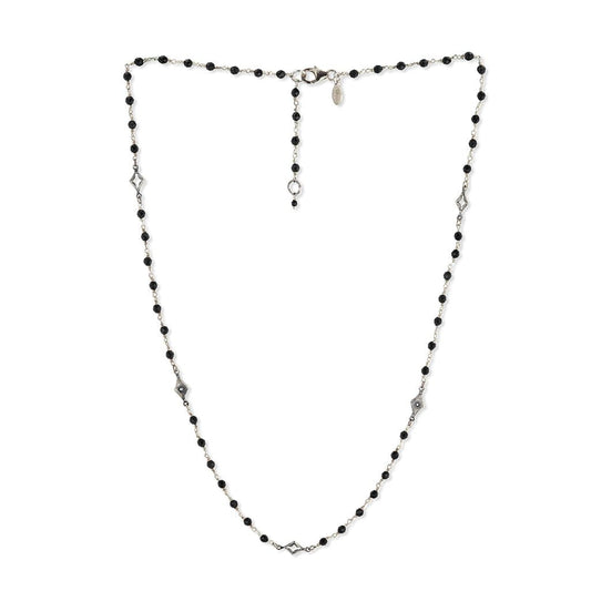 Black onyx and diamond necklace, dual harmony Necklace,  A fashionable necklace that graces a stationed of micro onyx beads and alternates with an open and closed diamond shape motifs