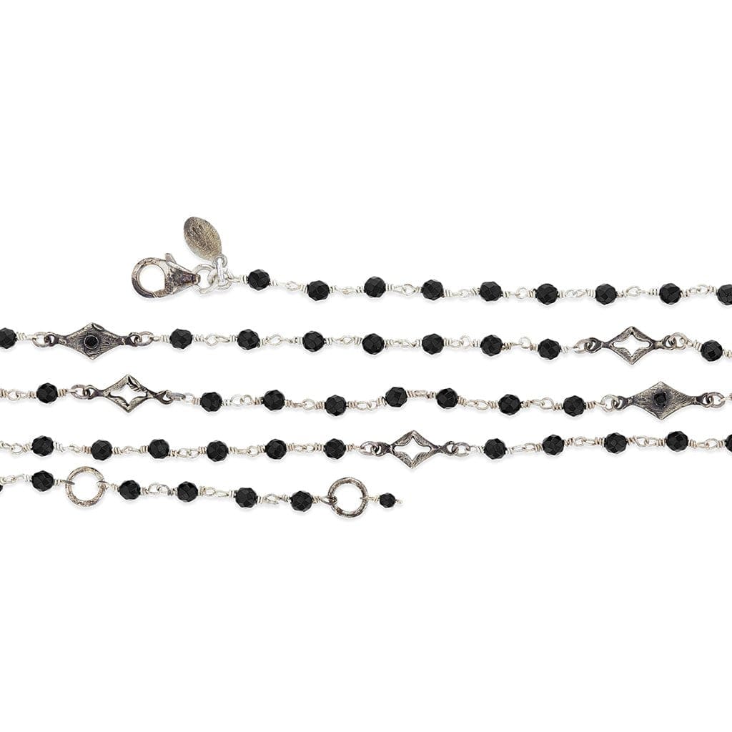 Black onyx and diamond necklace, dual harmony Necklace,  A fashionable necklace that graces a stationed of micro onyx beads and alternates with an open and closed diamond shape motifs