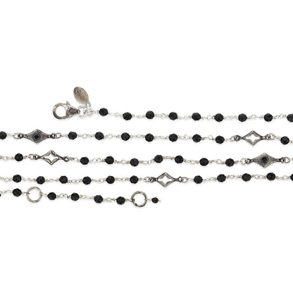 Black onyx and diamond necklace, dual harmony Necklace,  A fashionable necklace that graces a stationed of micro onyx beads and alternates with an open and closed diamond shape motifs