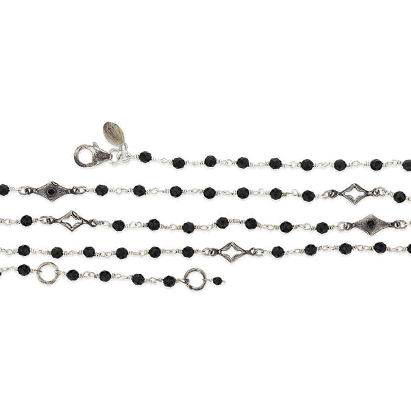 Black onyx and diamond necklace, dual harmony Necklace,  A fashionable necklace that graces a stationed of micro onyx beads and alternates with an open and closed diamond shape motifs