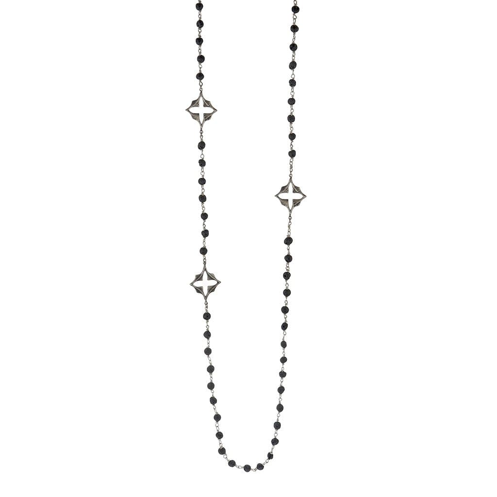 Gothic Necklace | Gothic Mystique Silver & Lava Rock Necklace, A rosary-inspired necklace of lava beads and textured gothic diamond floral design.