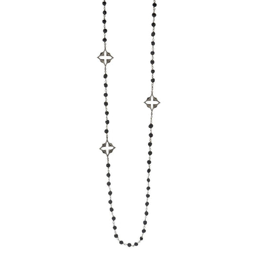 Gothic Necklace | Gothic Mystique Silver & Lava Rock Necklace, A rosary-inspired necklace of lava beads and textured gothic diamond floral design.