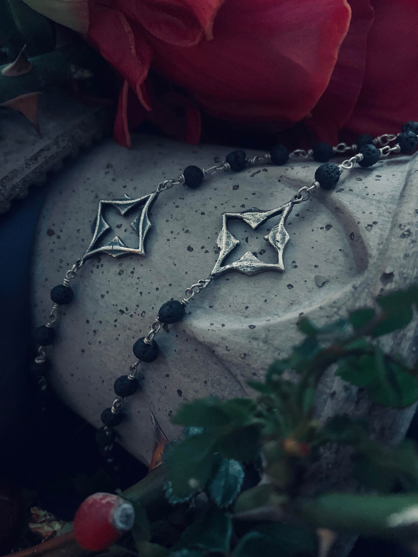 “Gothic Mystique” silver & lava rock necklace