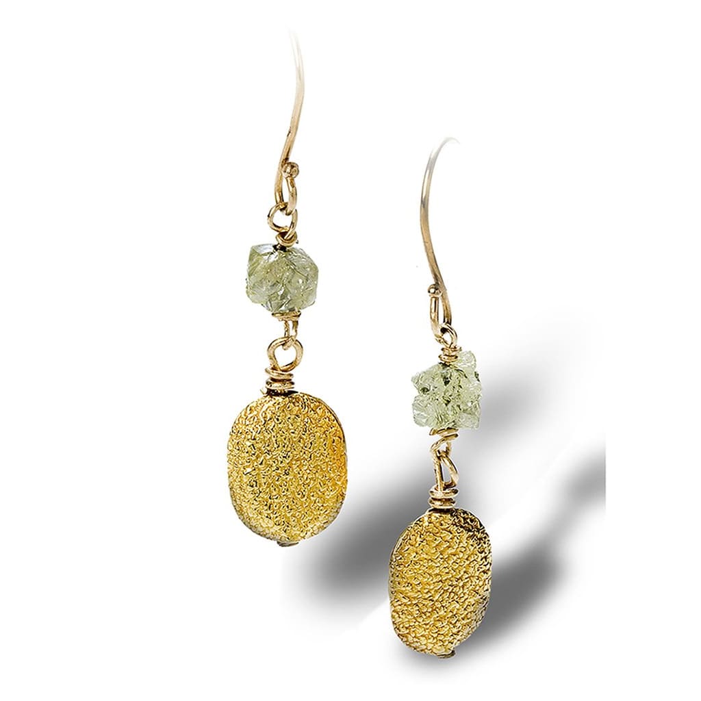 Textured enriched 18K yellow fine gold coin-like pieces with rough diamond earrings