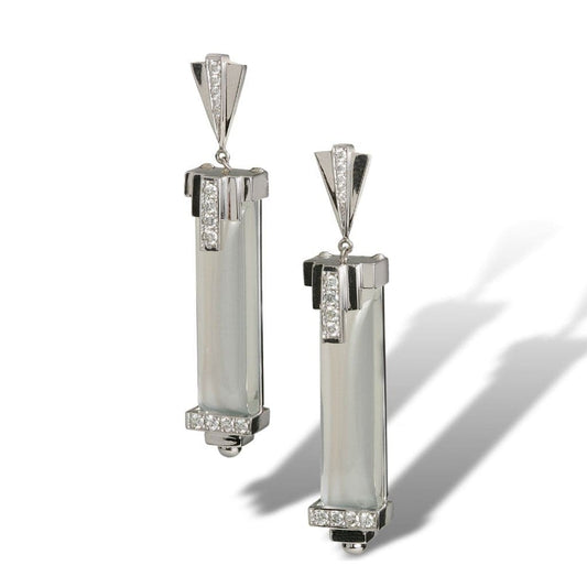 Art Deco inspired with diamonds and extremely rare moonstone prisms, one-of-a-kind earrings