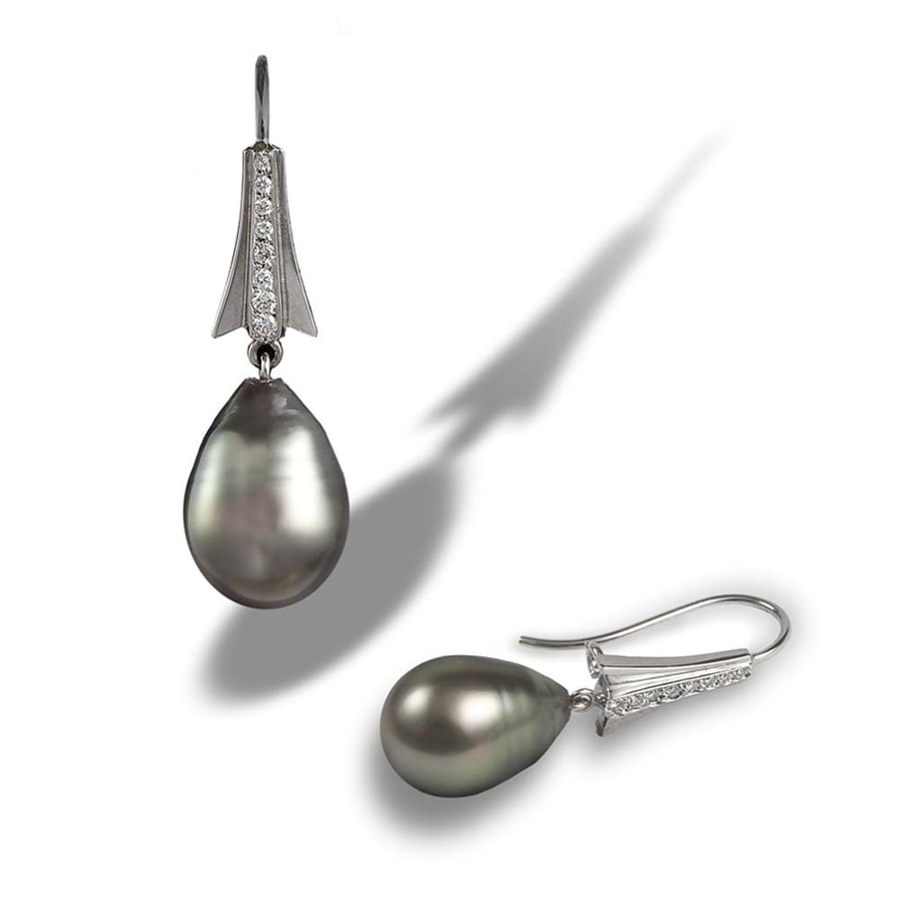 Tahitian pearl earrings dangle from an arrow of diamonds in 14K white gold