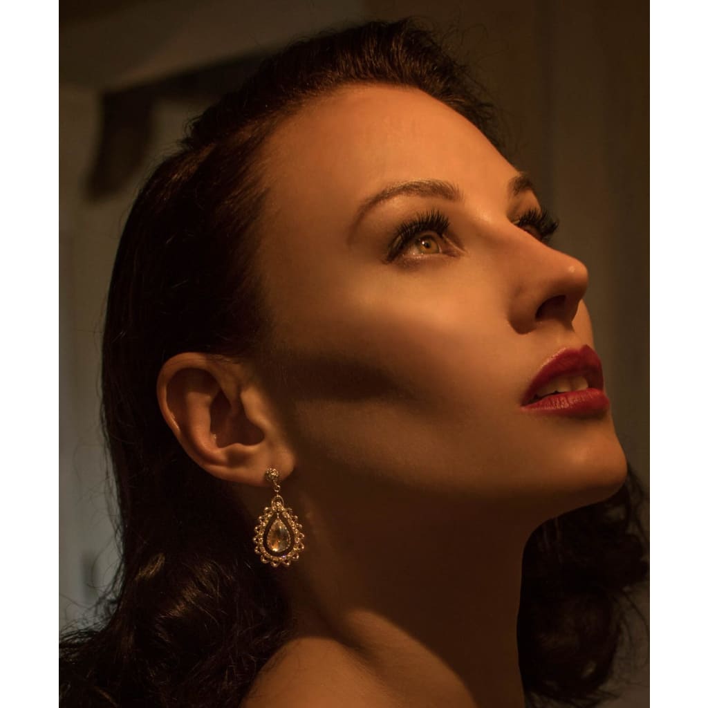 A 14K white lace scalloped and beaded motif chandelier earrings with diamonds and stunning moonstones